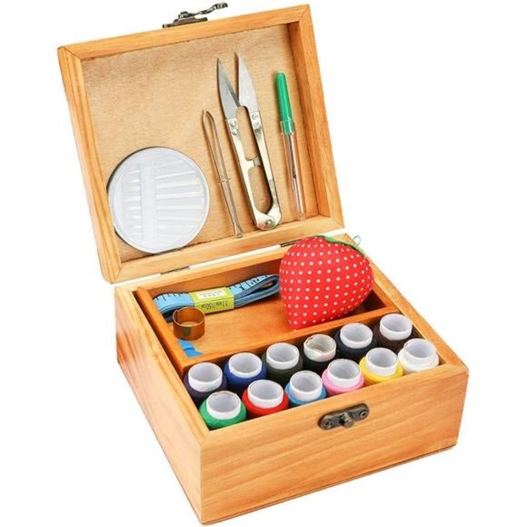 Wooden Sewing Basket with Accessories  for Beginner, Women, Men - Picture 3 of 6